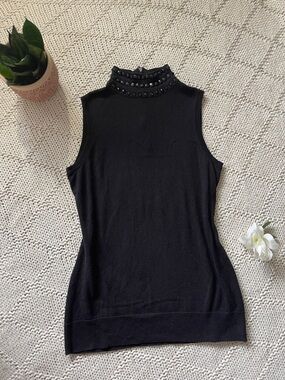 Dana Buchman Black Sleeveless Mock Neck Tank with Beaded Neckline